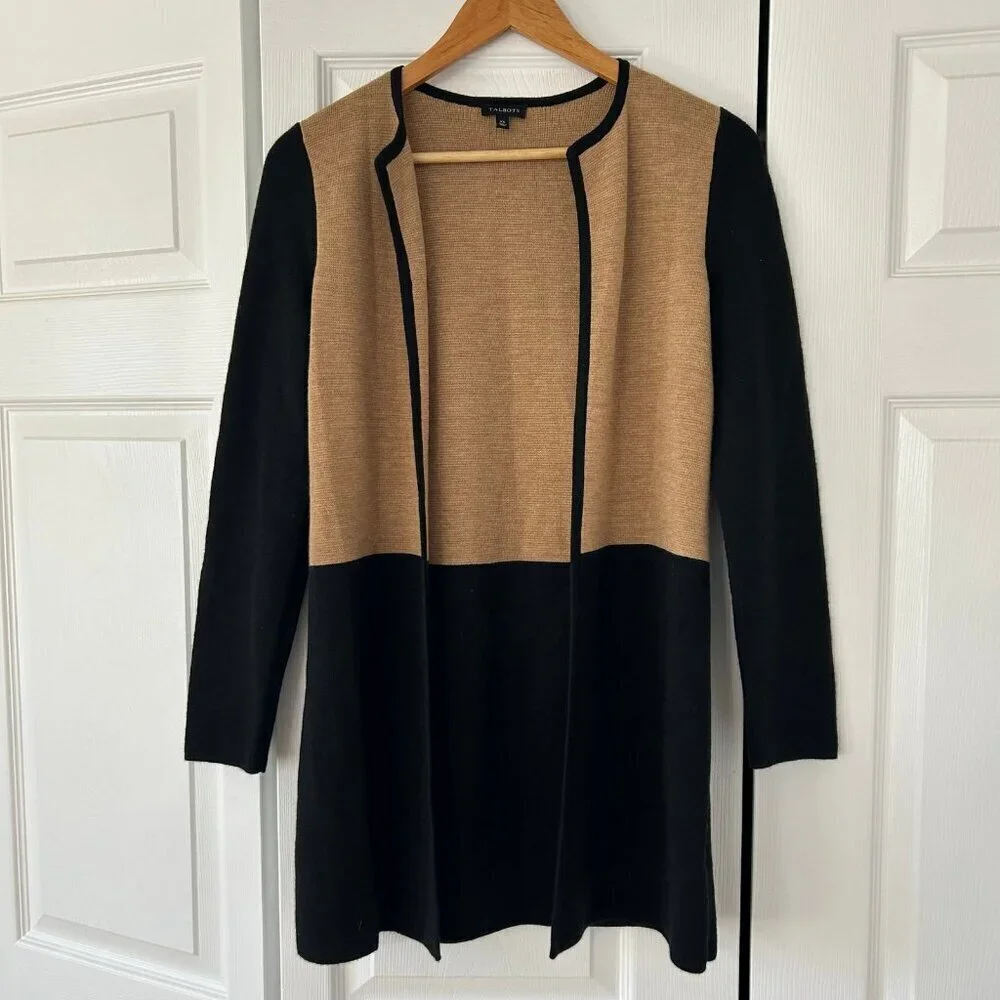 Talbots Merino Blend Colorblock Sweater Jacket Size XS Black Camel Open Front